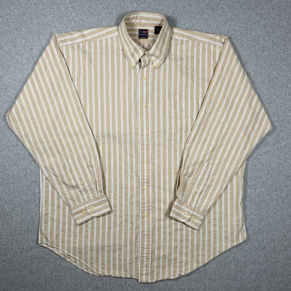 T. Harris London Mens Large Tan White Striped Cotton Button Down Shirt L/S